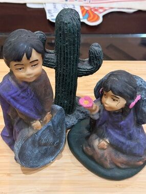 Hand-Painted Ceramic Figurine Pair with Cactus
